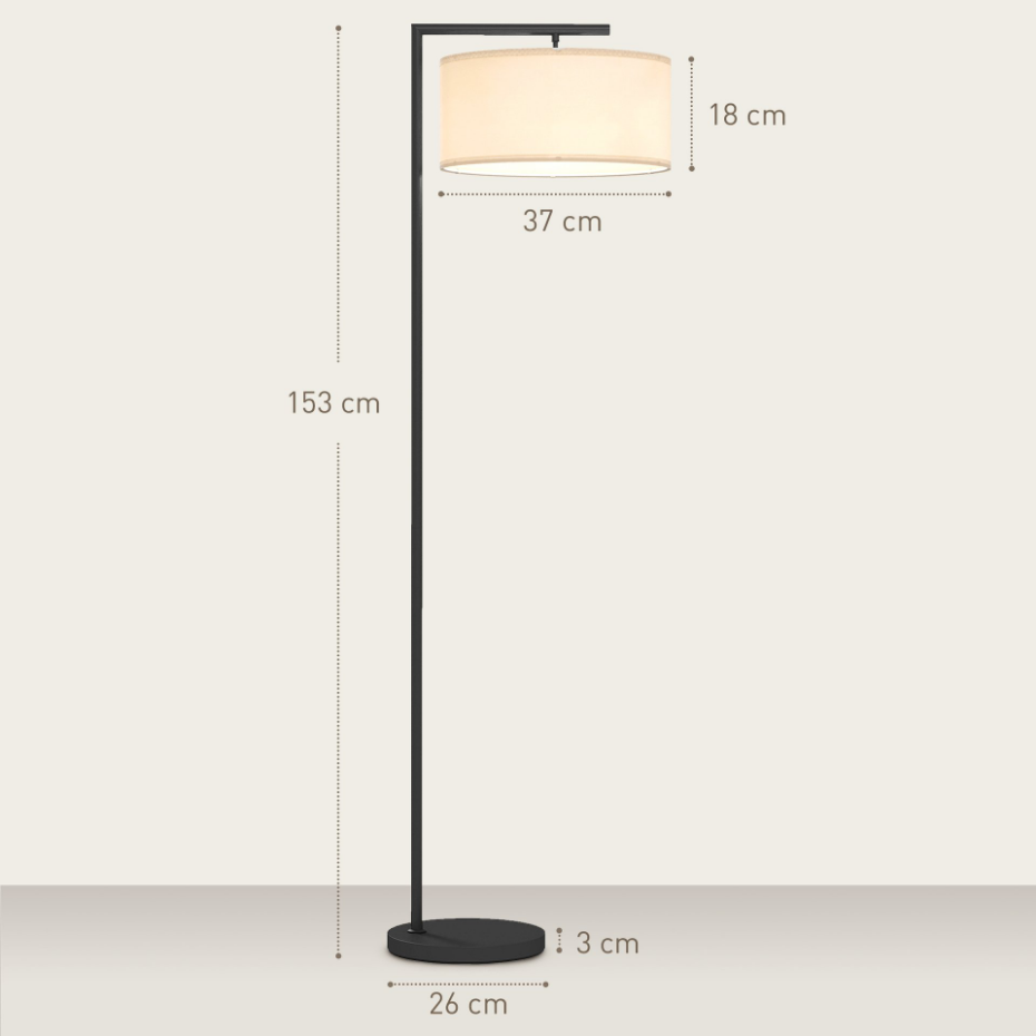 Lampadaire design H.153 cm métal noir abat-jour tambour lin blanc