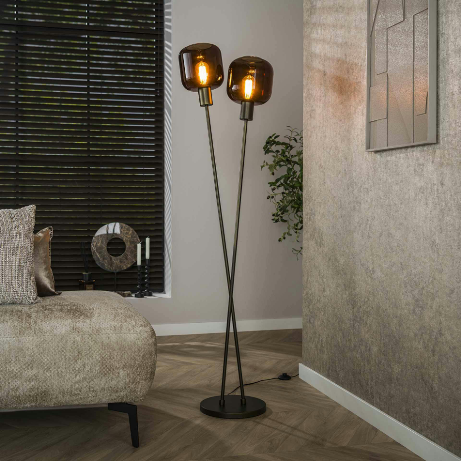 Lampadaire vintage verre – 2 abat–jour croisés bronze NOVA