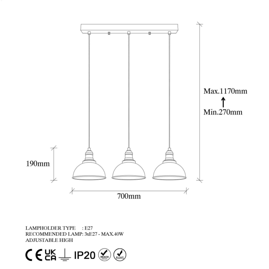 Suspension îlot cuisine – 3 lampes noir et or SILE