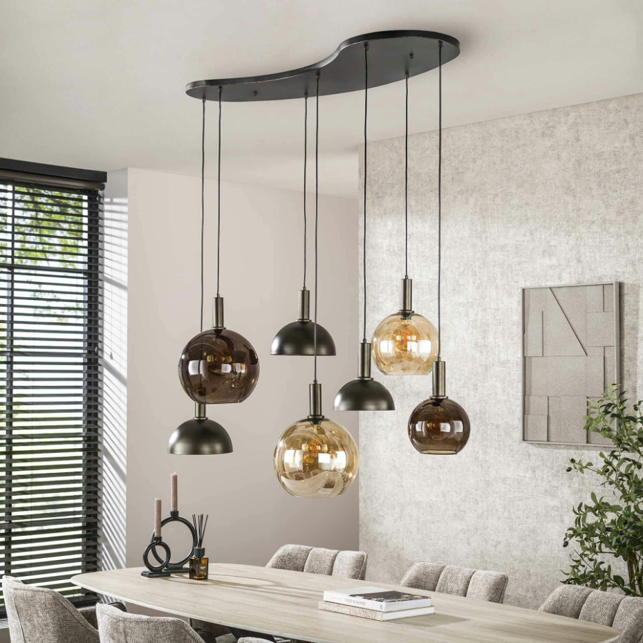 Suspension industrielle abat-jour verre et métal 7 lampes NOVA