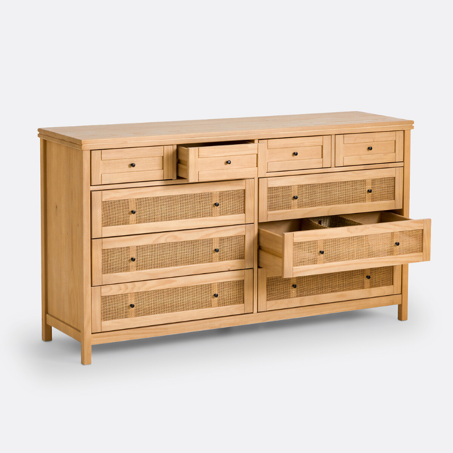 Commode en pin massif et cannage 10 tiroirs, Gabin