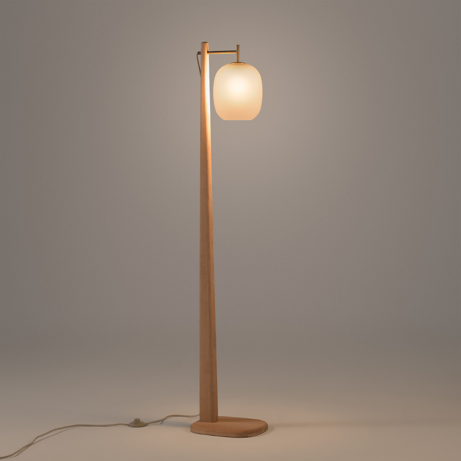 Lampadaire en chêne, métal fer verre givré, Navida