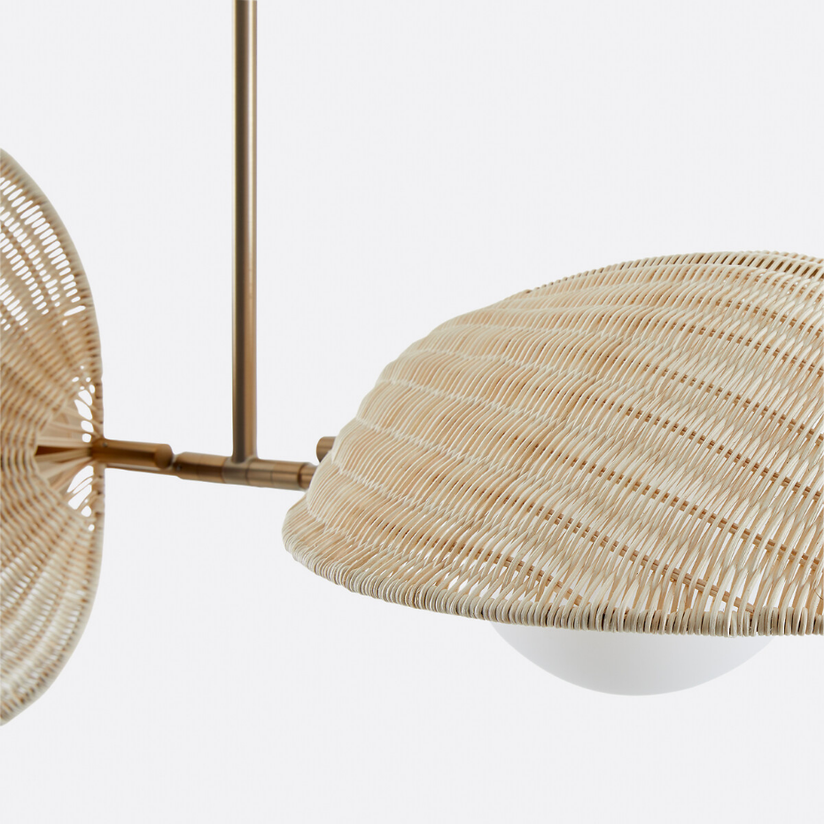 Suspension double opaline, rotin et laiton, Javana