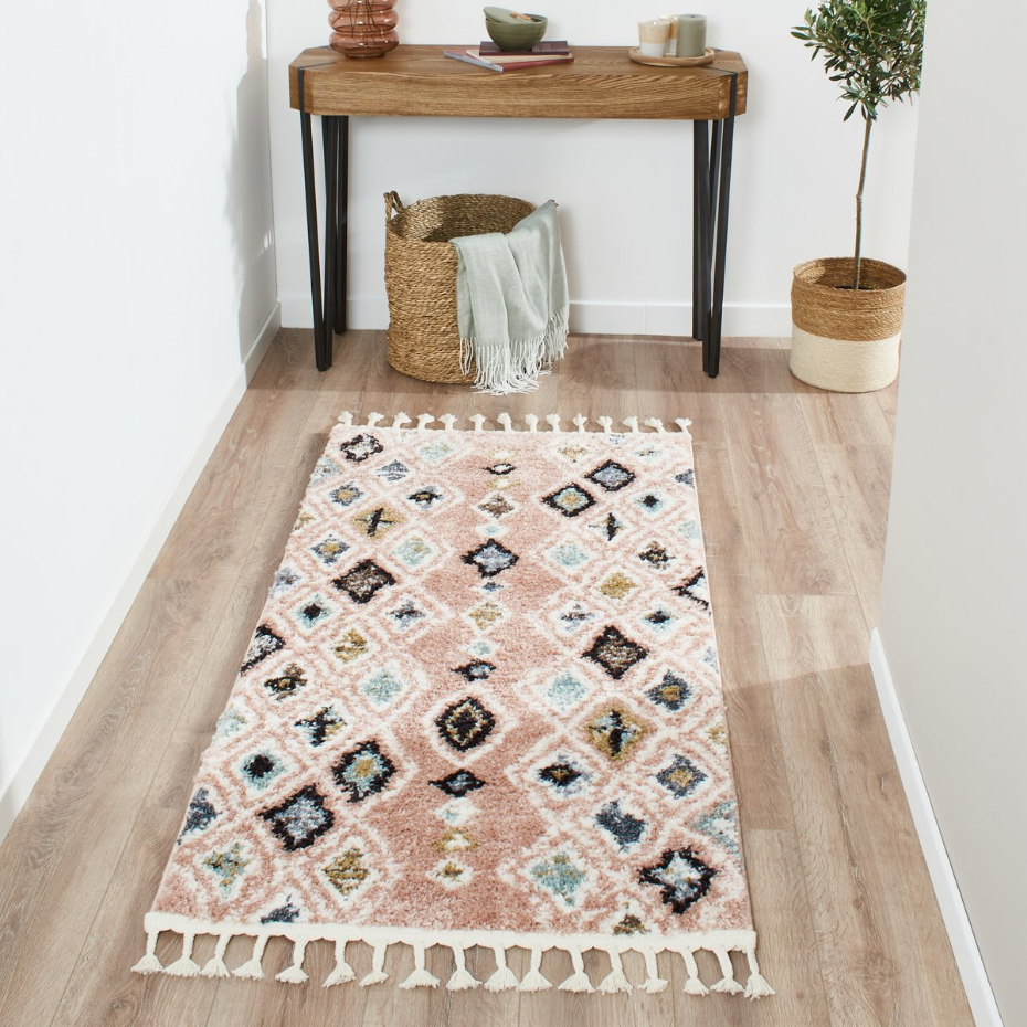 Tapis de salon symétrique imitation laine à franges DELYA