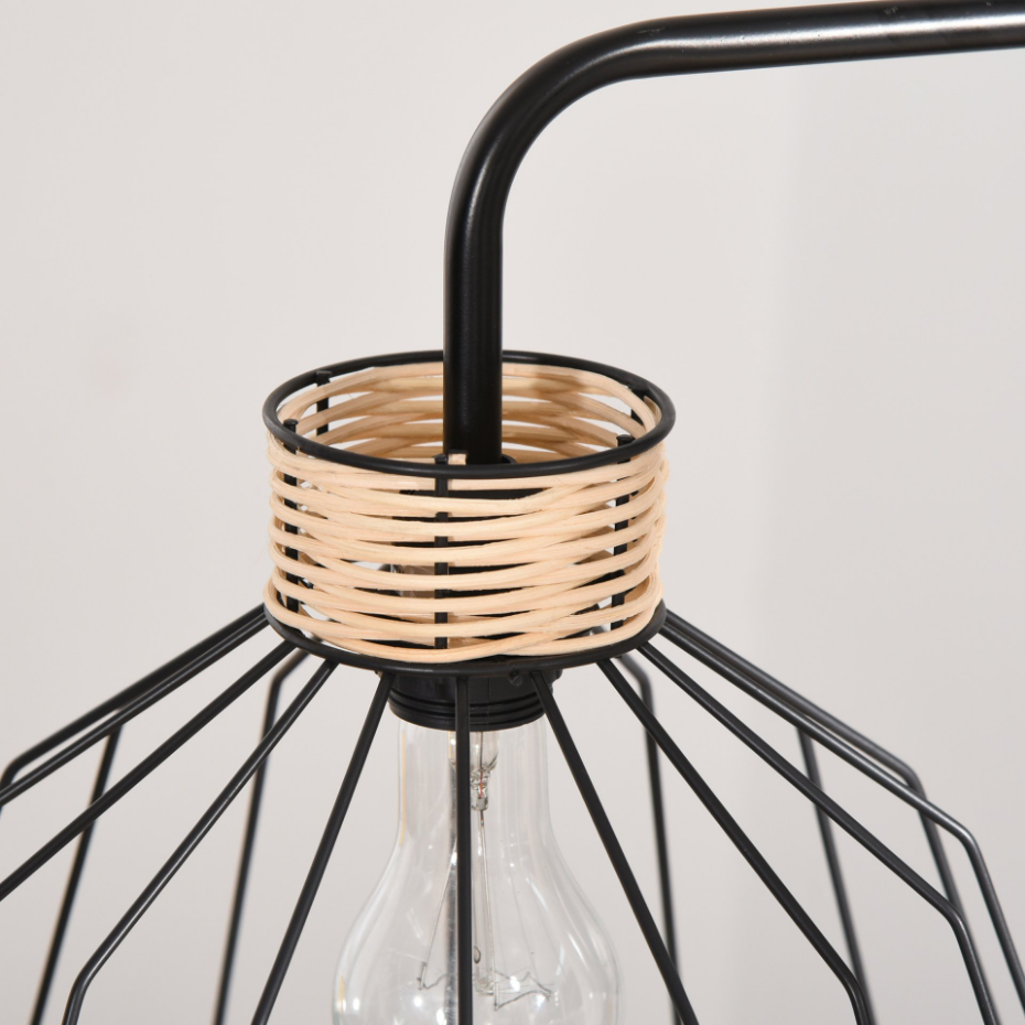 Lampadaire design industriel grillagé et arqué métal noir rotin