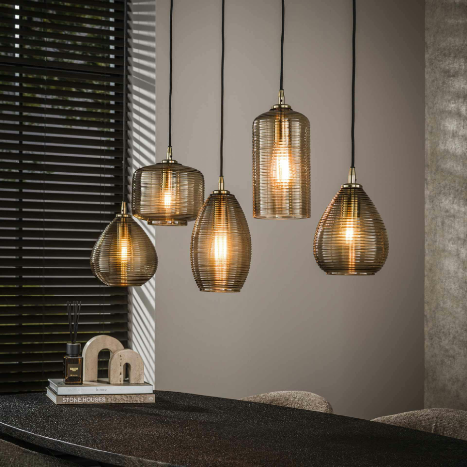 Suspension de table en verre brun 5 lampes striées NOVA
