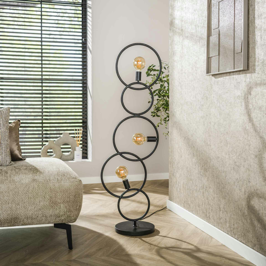 Lampadaire de salon noir – 5 anneaux design TRIBECA