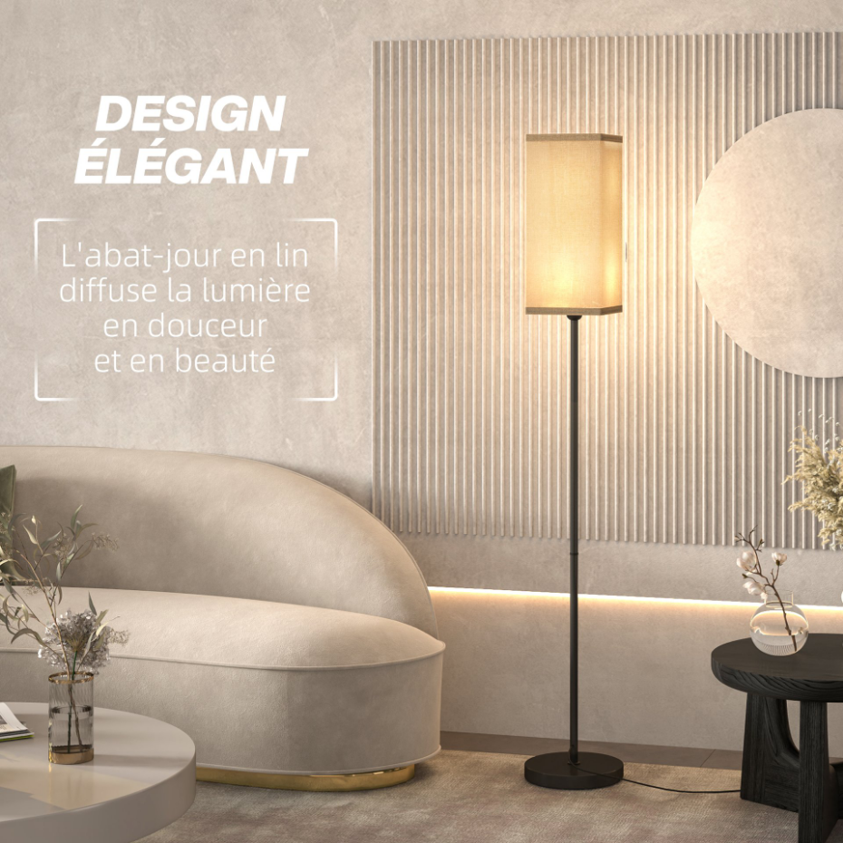 Lampadaire droit style moderne H.161 cm métal noir beige effet lin