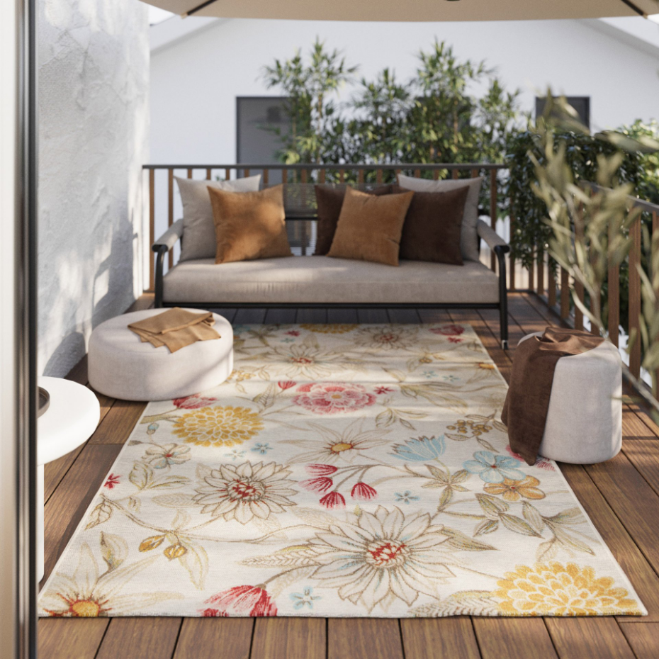 Tapis intérieur extérieur bohème motif fleurs ,  Abloom