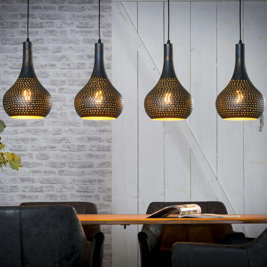 Suspension rétro en métal ajouté noir 4 lampes JAVA