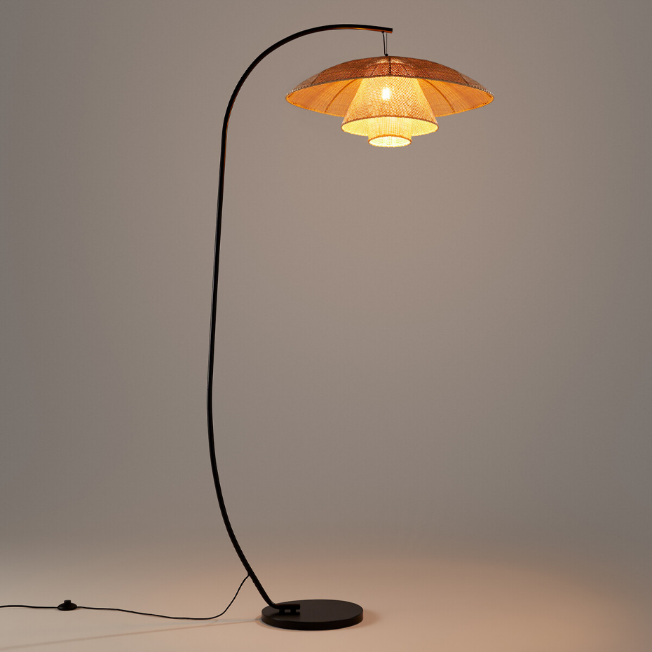 Lampadaire arc métal acier et rotin, Lola