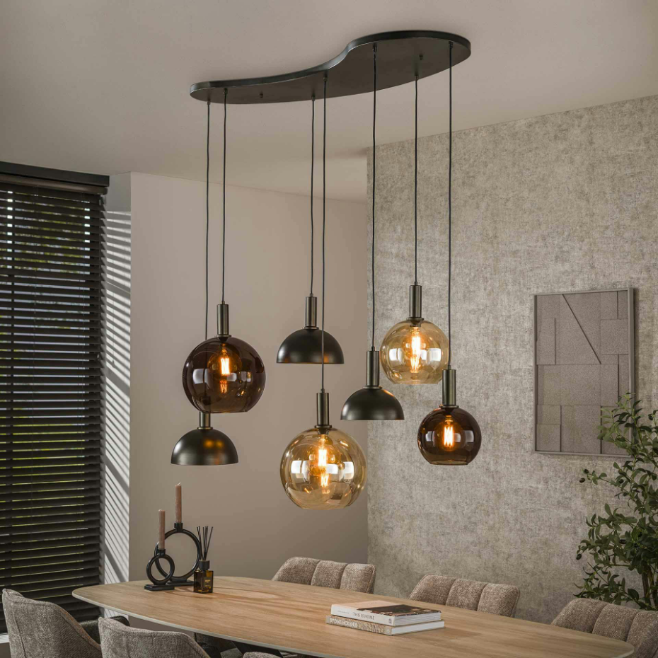 Suspension industrielle abat-jour verre et métal 7 lampes NOVA