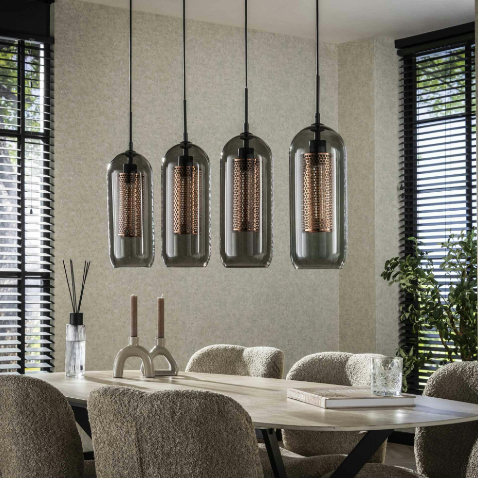 Suspension en verre fumé et métal cuivré 4 lampes horizontales NOVA