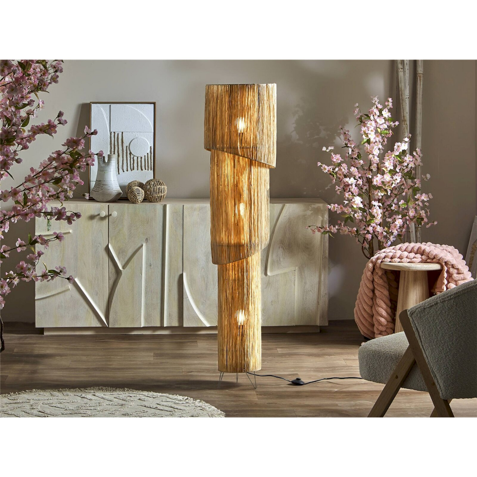 Lampadaire rond en raphia trois points de lumière
