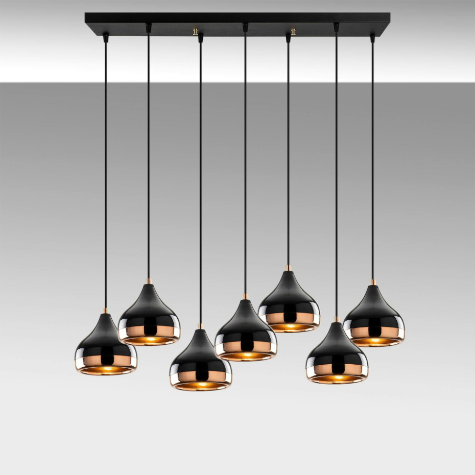Suspension de table noire & cuivre, 7 abat-jour SILE