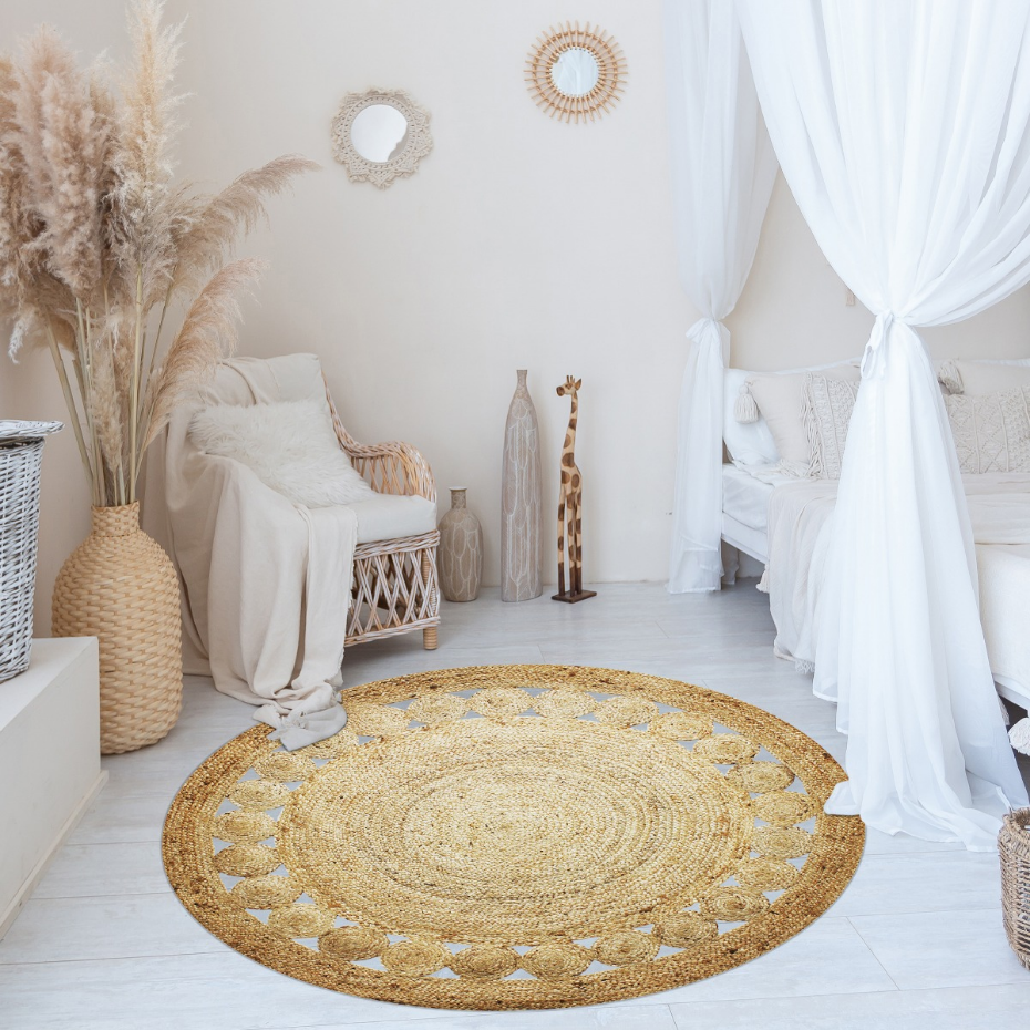 Tapis salon rond en jute rosace  FUNNY JUTE - style bohème