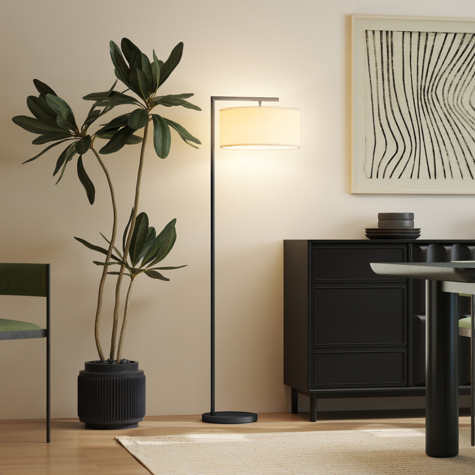 Lampadaire design H.153 cm métal noir abat-jour tambour lin blanc