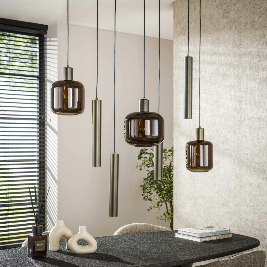 Suspension verre & métal – globes bruns + tubes bronze NOVA
