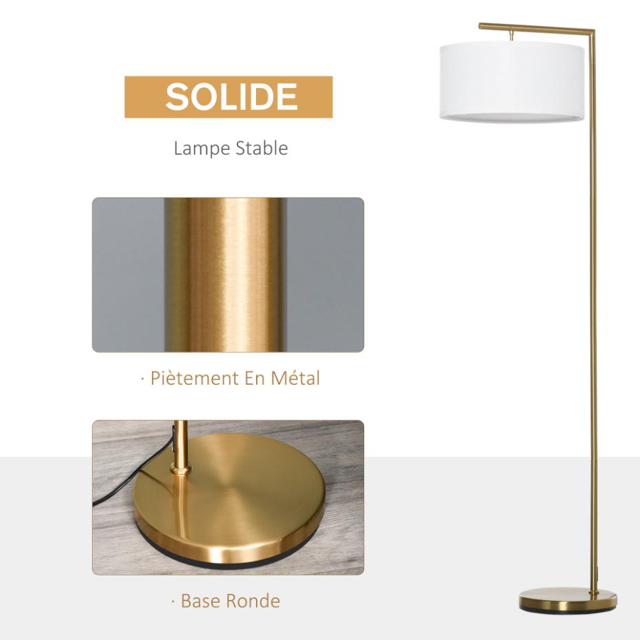 Lampadaire design néo-rétro 153H cm abat-jour aspect lin blanc métal doré