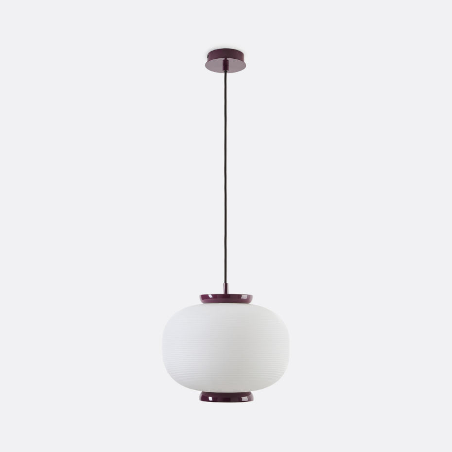 Suspension en verre opaline rainuré et métal fer, diamètre 33 cm, TILAN