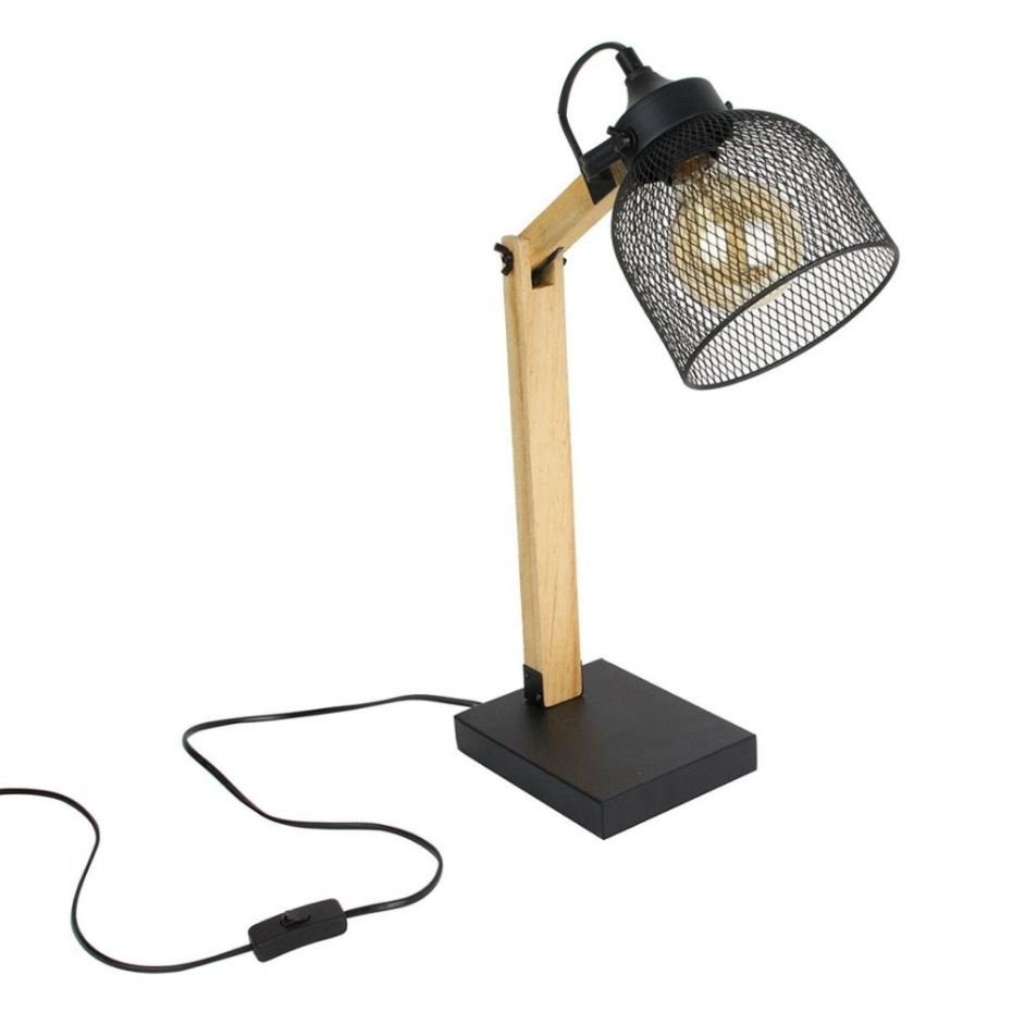 Lampe à Poser Grille En Métal Noir Et Bois