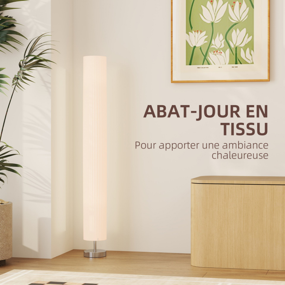 Lampadaire colonne sur pied design H.120 cm acier inox tissu blanc