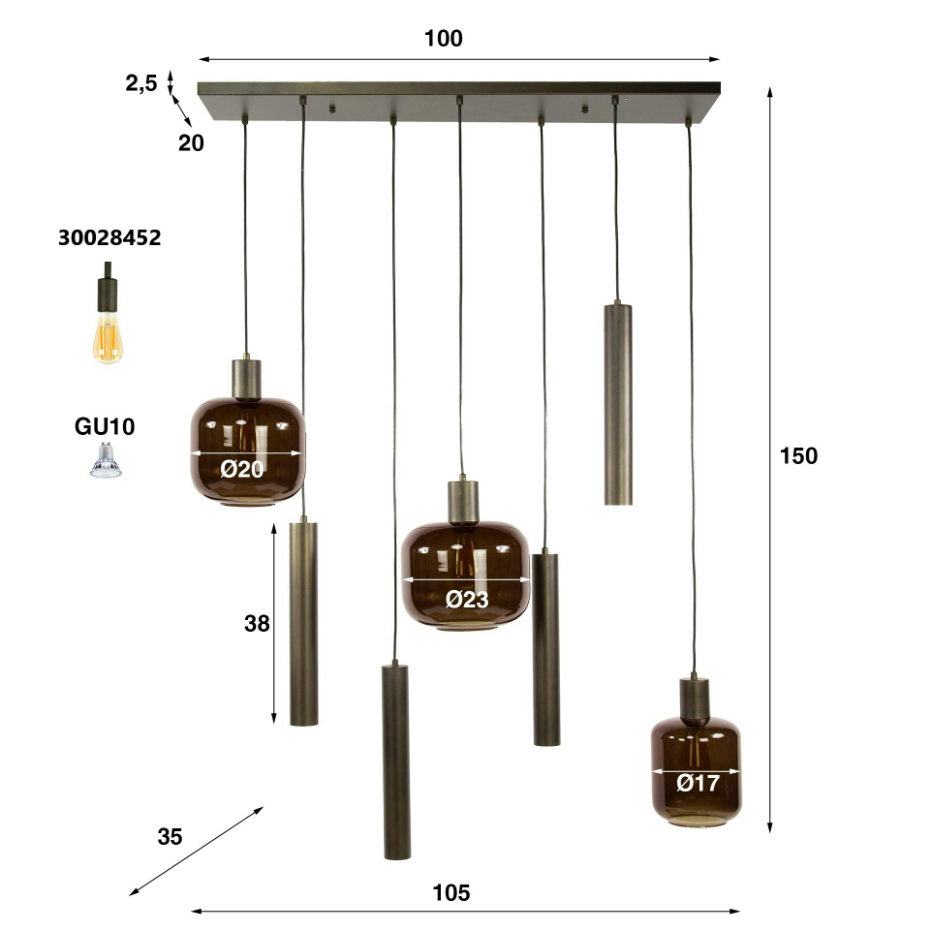 Suspension verre & métal – globes bruns + tubes bronze NOVA
