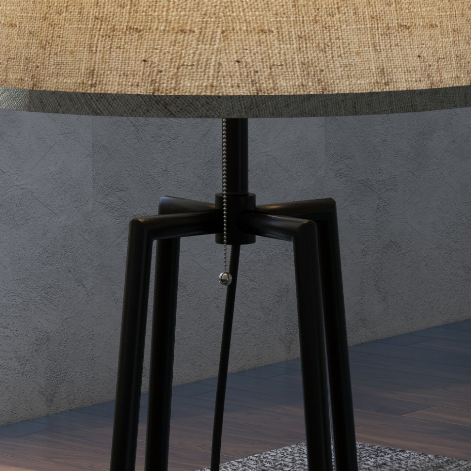 Lampadaire design contemporain 2 étagères 166H cm métal noir aspect bois noyer tissu beige