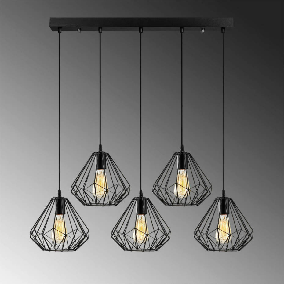 Suspension de table noire design diamant 5 abat-jour ERZIN