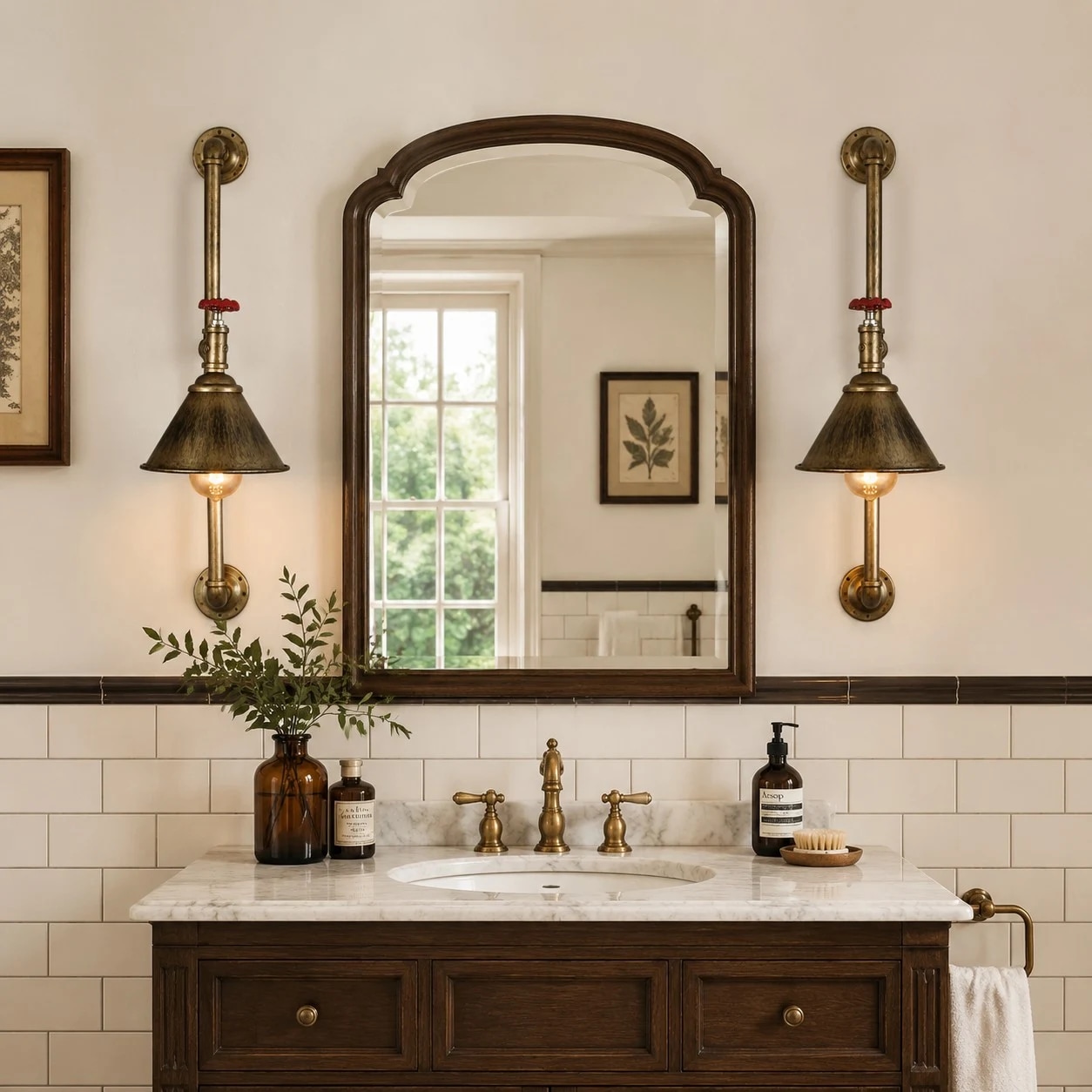 Aplique de pared industrial vintage con tuberías en un ambiente interior cálido.