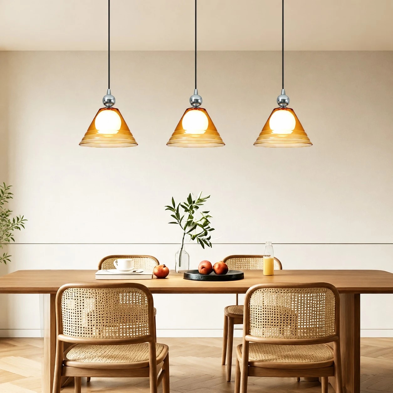 Three amber glass pendant lights installed above a dining table