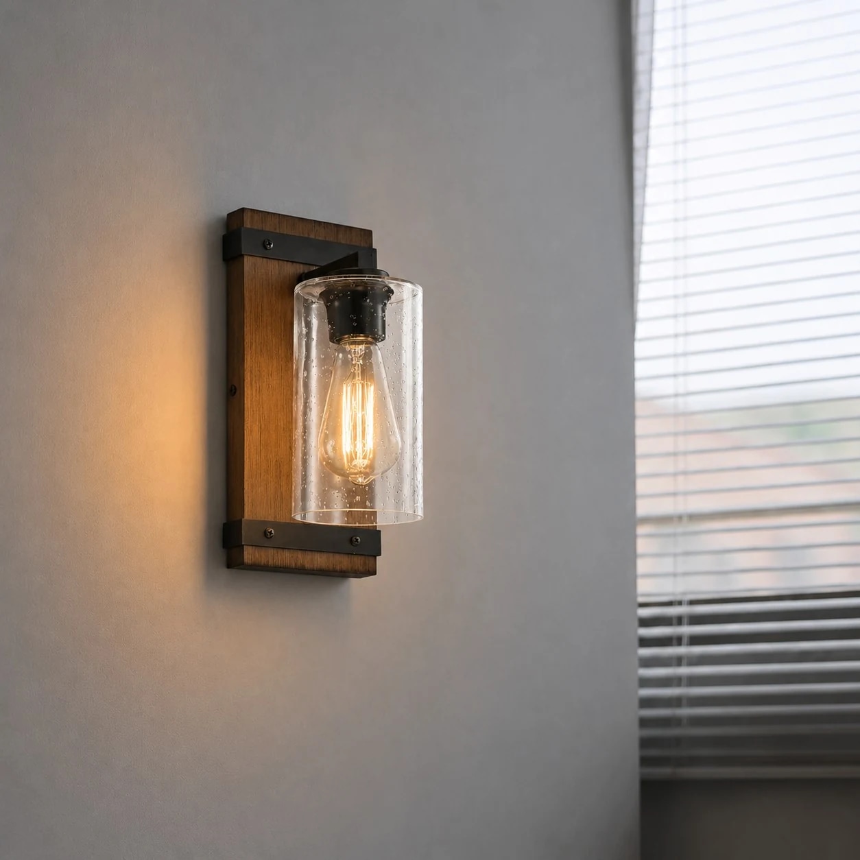 Aplique de pared industrial vintage de cristal con placa trasera color madera y pantalla de cristal transparente texturizado.