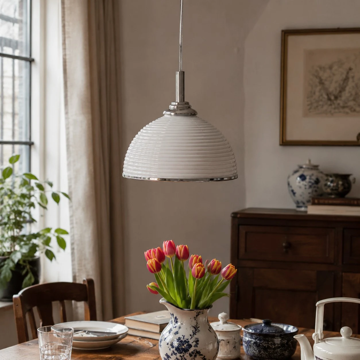 White ribbed pendant light over a dining table with tulips