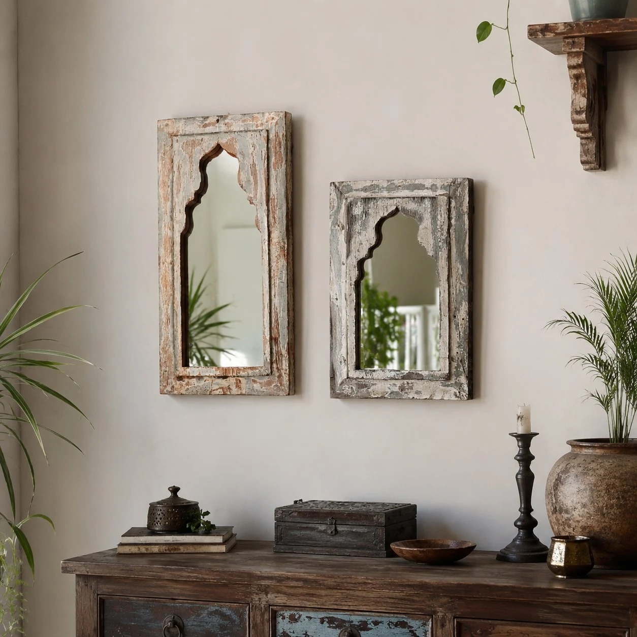 Rustic Carved Wood Arch Wall Mirror image 5