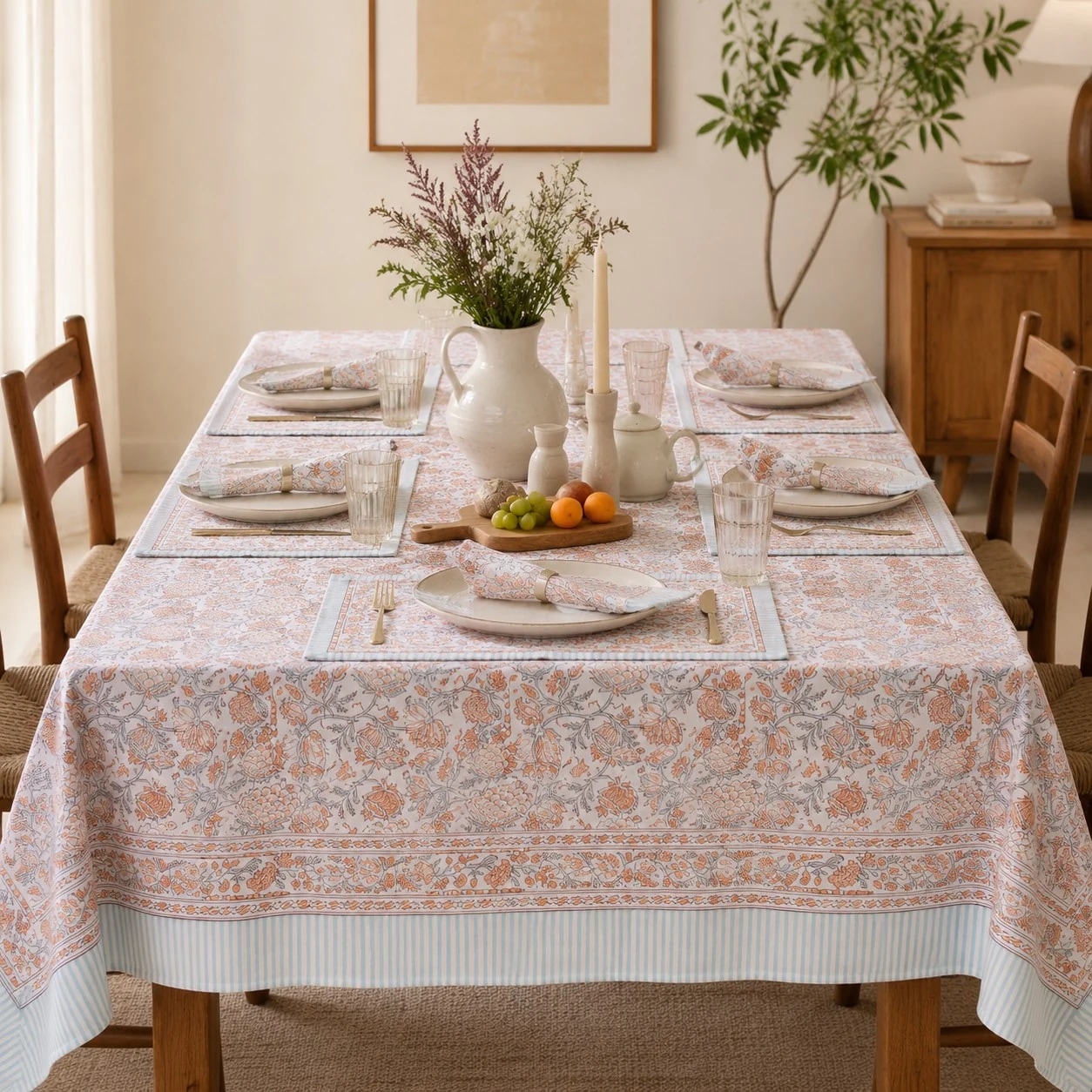 Mist blue floral tablecloth styled in a bright dining room