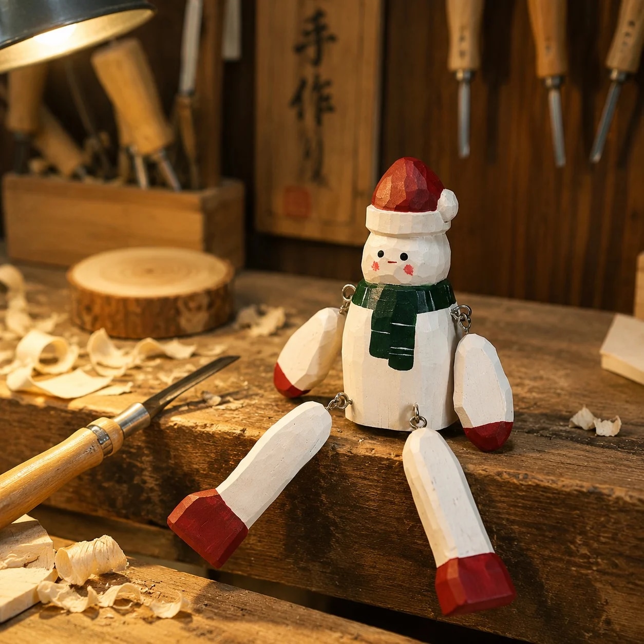 Hand-carved wooden gray snowman ornament styled on a tabletop edge