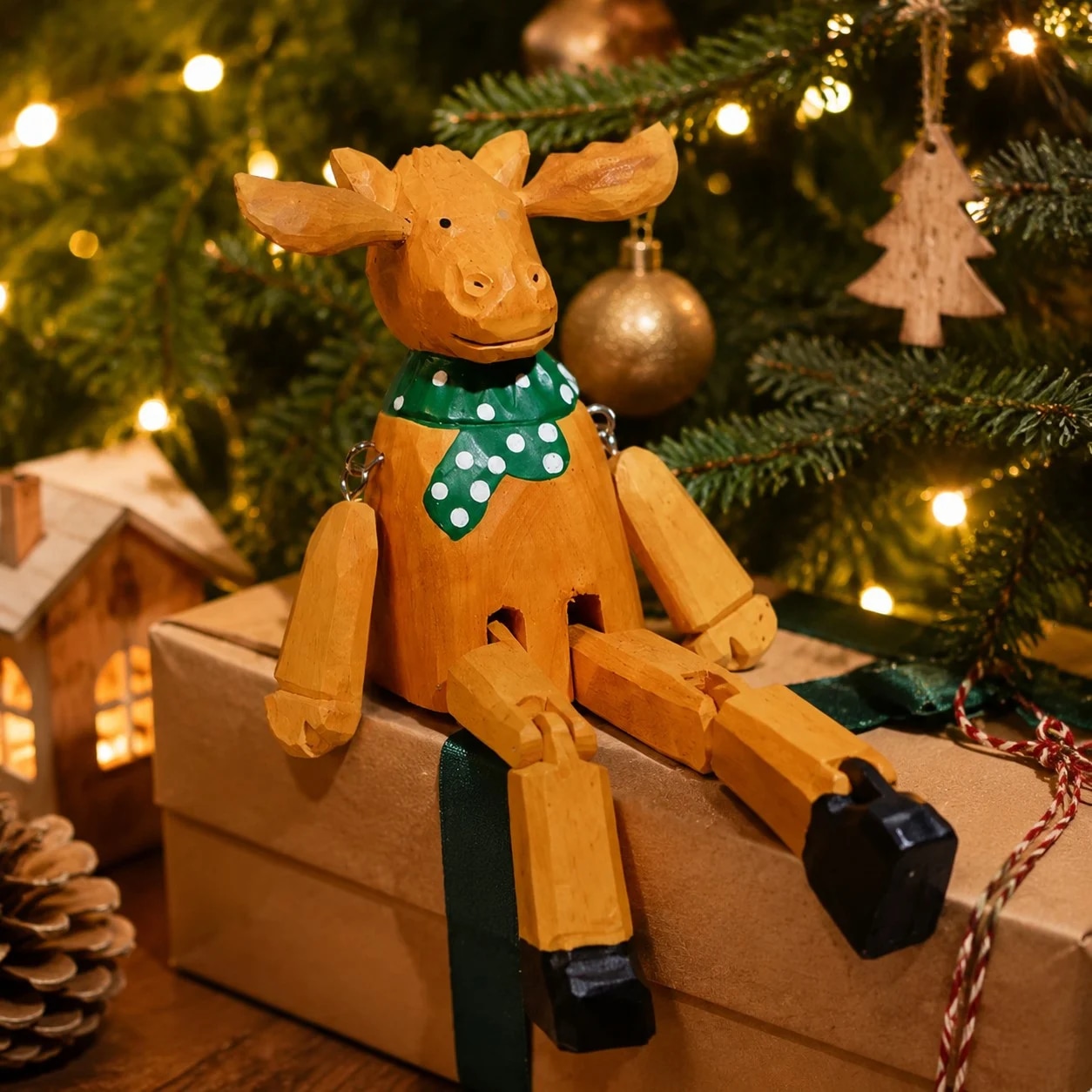 Hand-carved wooden christmas reindeer with green scarf ornament styled on a tabletop edge