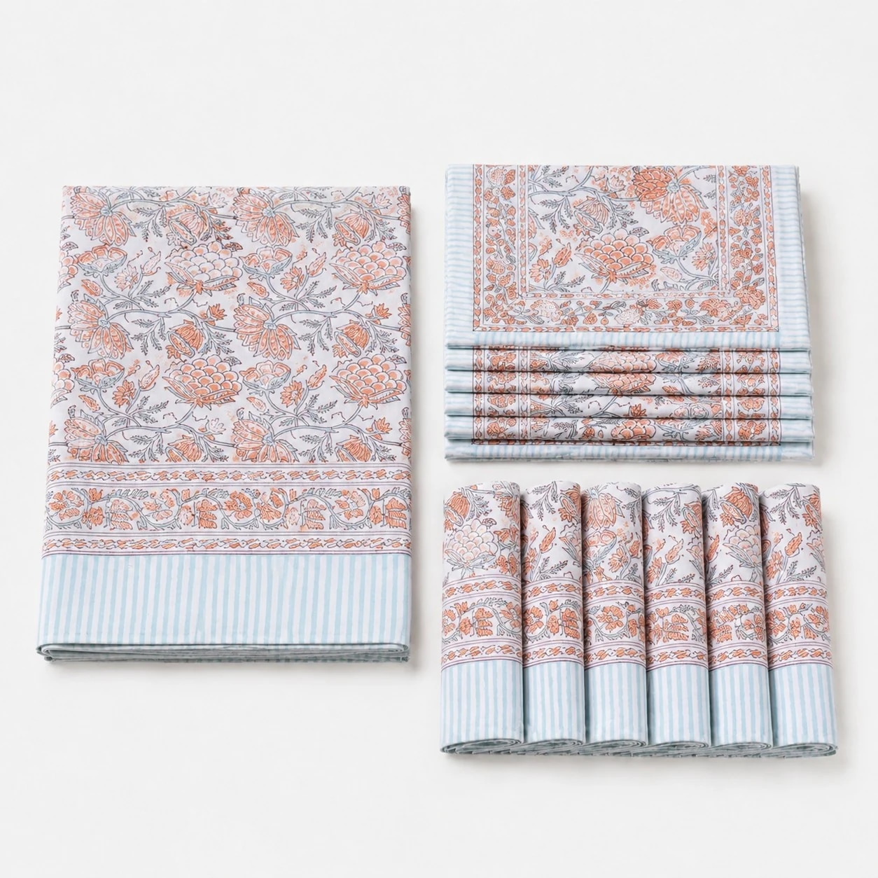 Folded mist blue floral cotton linen tablecloth set