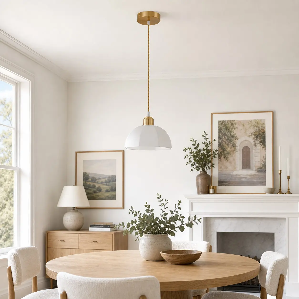 Pendelleuchte aus Milchglas in einem eleganten Interieur