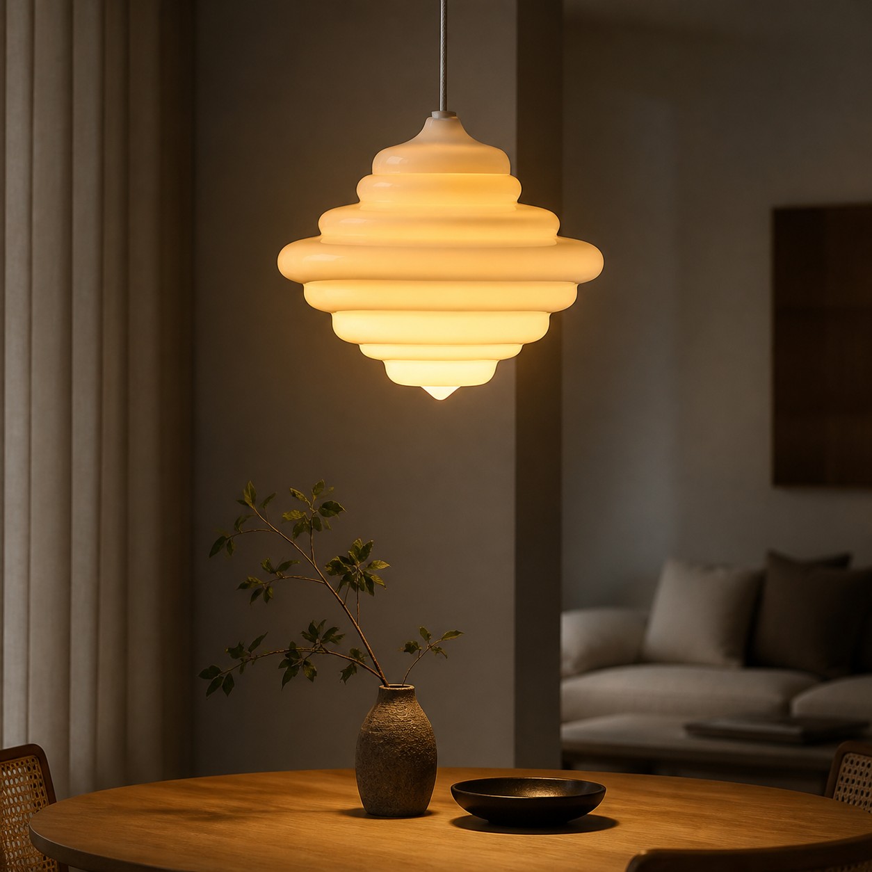 White glass pendant light over table in evening room