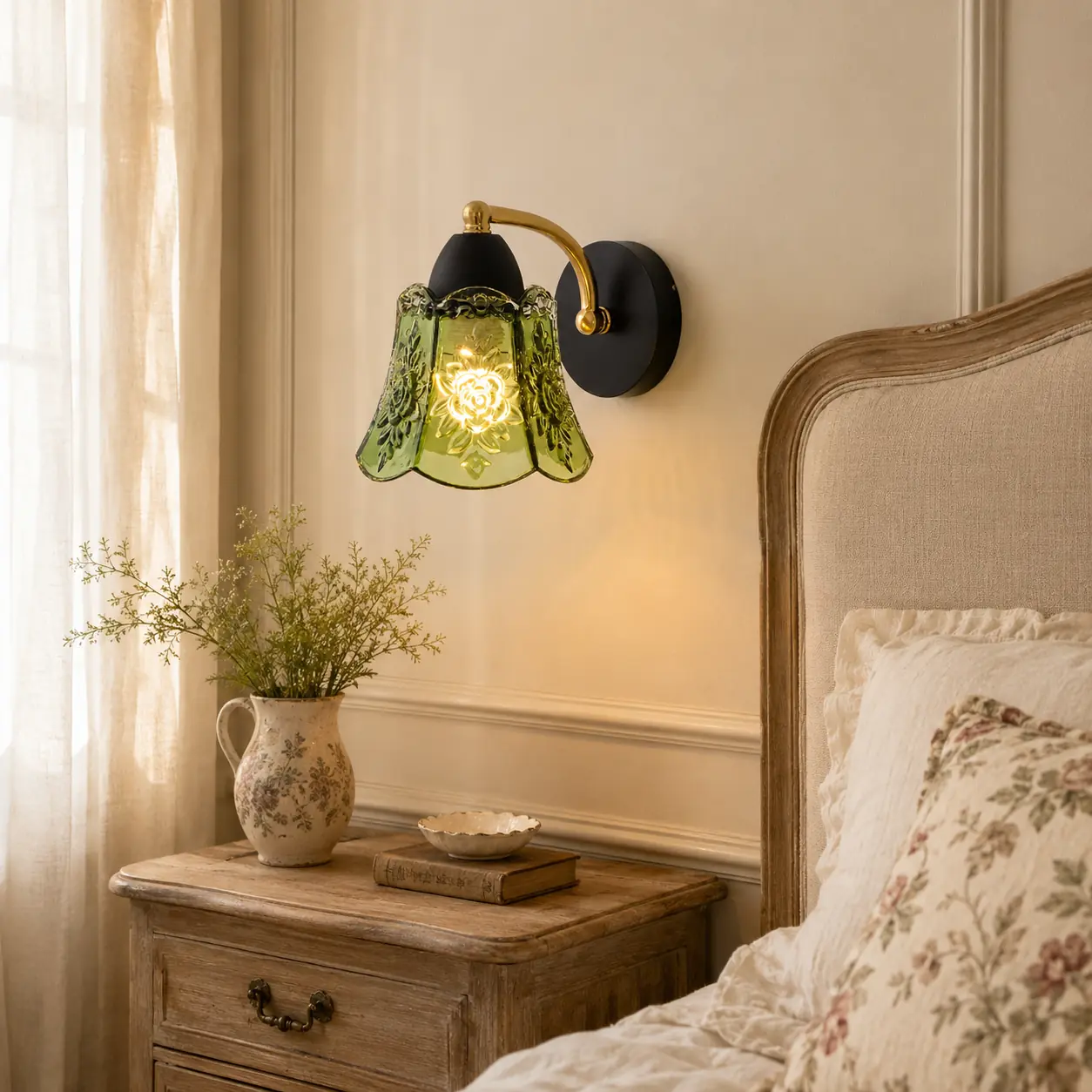 Vintage grön glasvägglampa i ett franskt lantligt sovrum