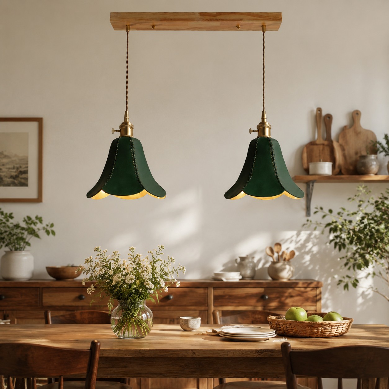 Luminária pendente dupla verde sobre uma mesa de jantar