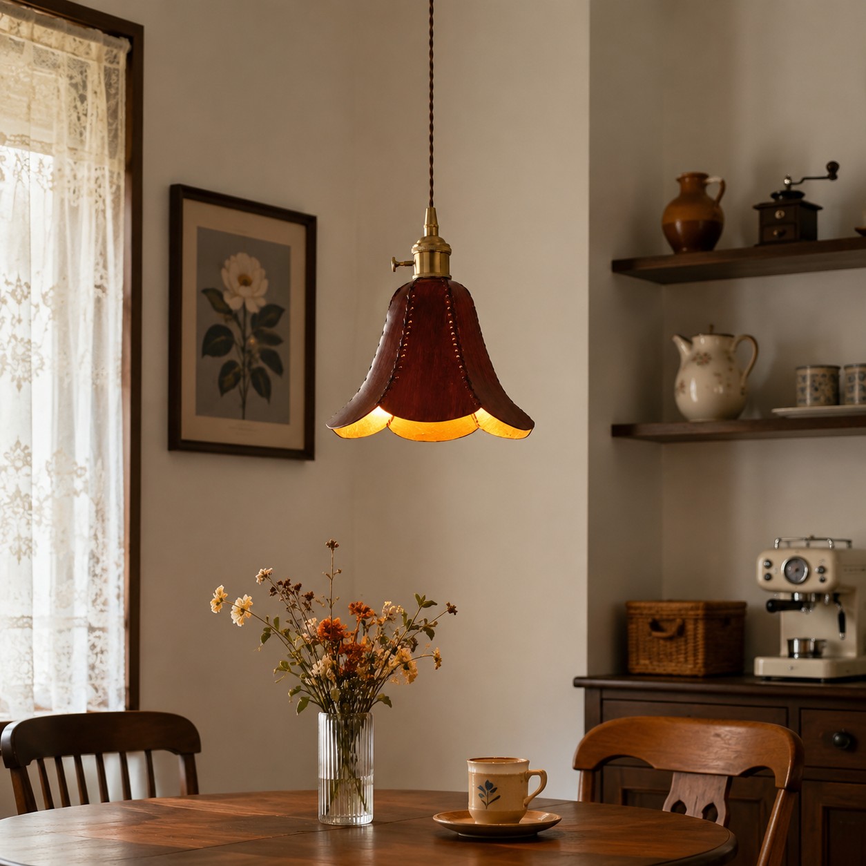 Pendente único marrom em uma sala de jantar