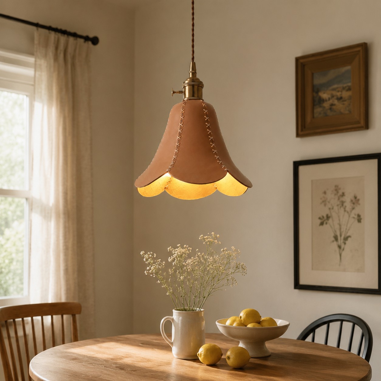 Luminária pendente única e natural sobre uma mesa de jantar.