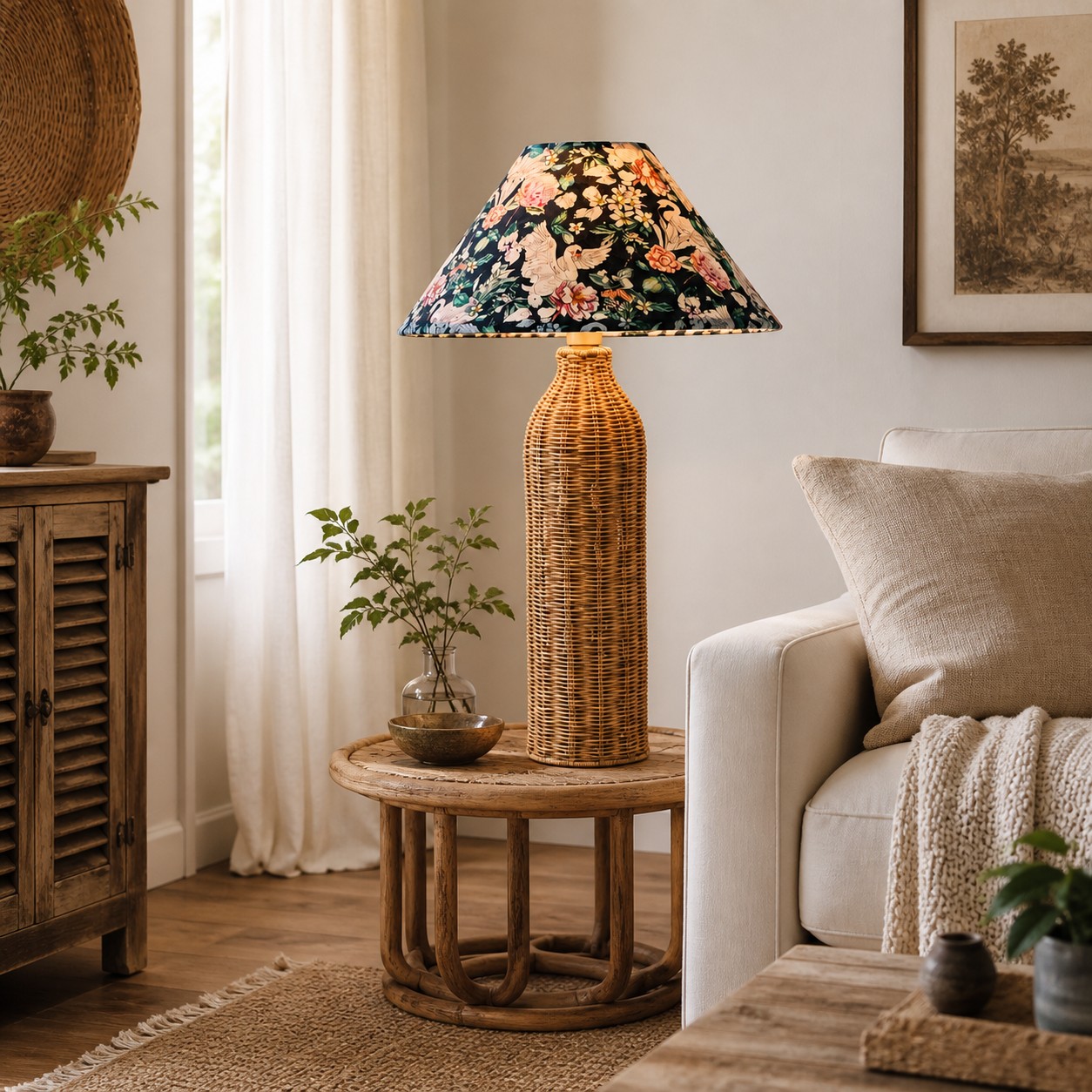 Lampada da tavolo alta in rattan accanto a un divano dai toni neutri.
