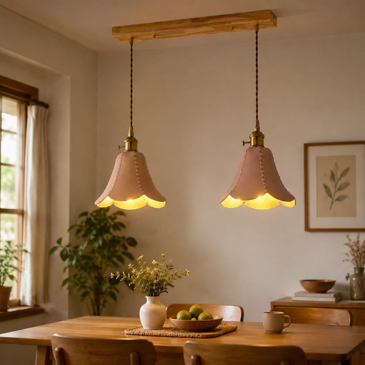 Luminária pendente dupla natural sobre uma mesa de jantar