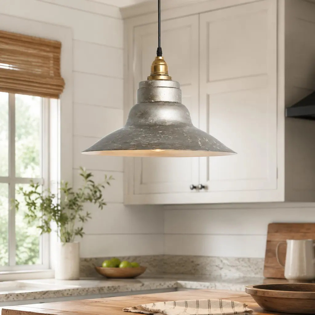 Industrielle Pendelleuchte in einem Vintage-Interieur