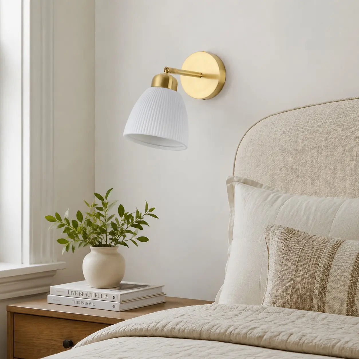 Aplique de pared de cerámica y latón junto a una luminosa ventana de dormitorio.