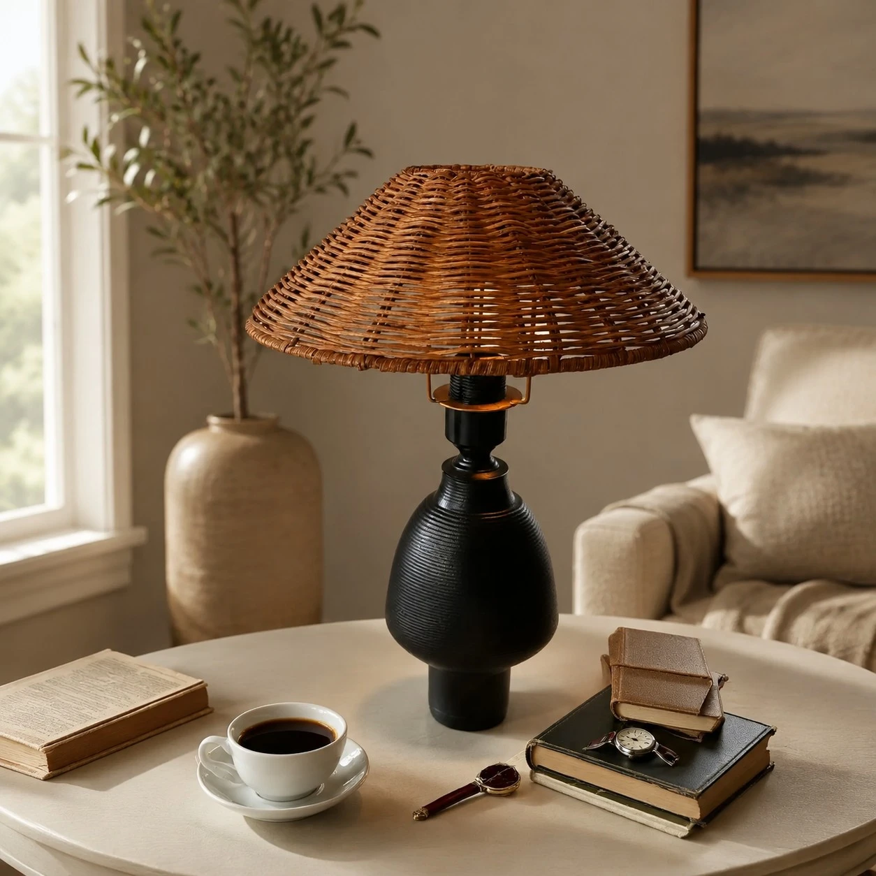 Stolní lampa s tkaným stínidlem Wabi-Sabi