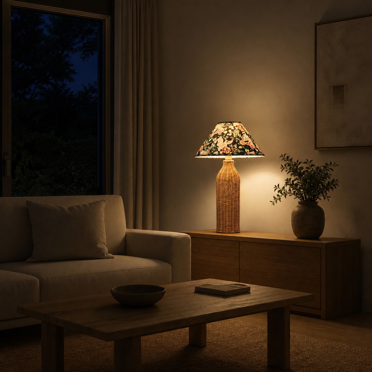 Lampada da tavolo in rattan che diffonde una calda luce serale